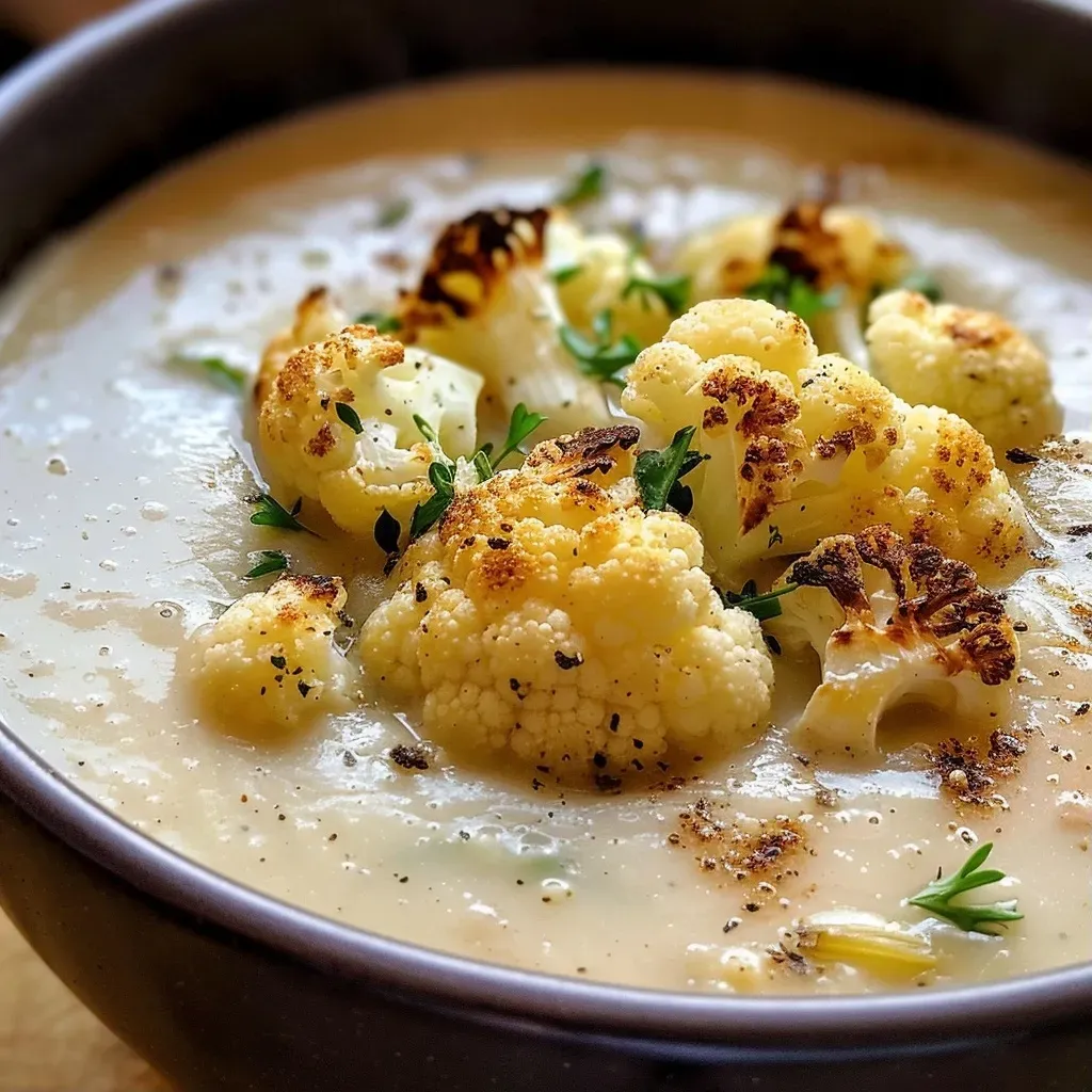 ['Sopa de coliflor asada servida en un cuenco con decoración de hierbas.', 'Primer plano de sopa cremosa de coliflor asada con trozos de coliflor dorada.', 'Tazón de sopa de coliflor asada con ingredientes frescos alrededor.', 'Sopa de coliflor humeante en un cuenco blanco, decorada con perejil.']