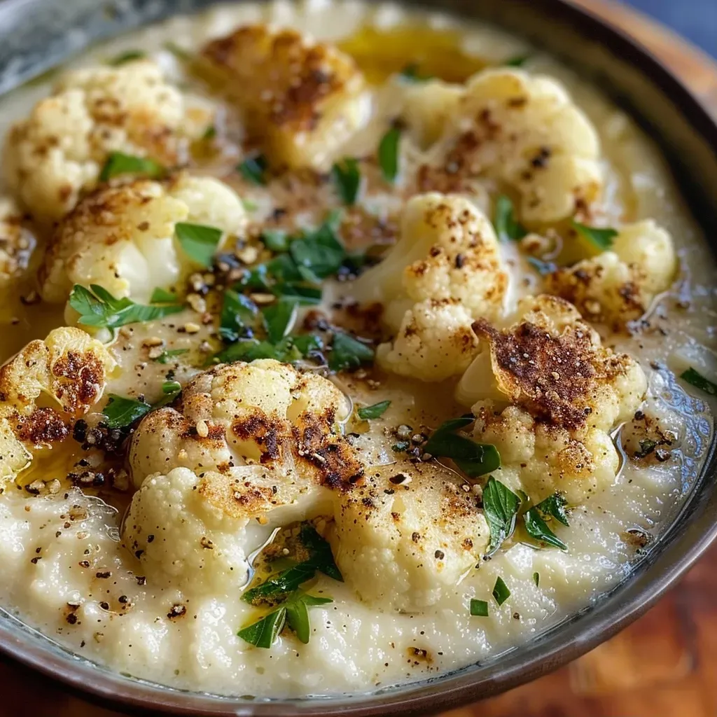 ['Tazón de sopa de coliflor con decoración de aceitunas y perejil.', 'Primer plano de sopa de coliflor con un toque de aceite de oliva.', 'Sopa cremosa de coliflor en un tazón, adornada con hierbas frescas.', 'Sopa de coliflor servida en un plato hondo, con trozos de aceitunas.']