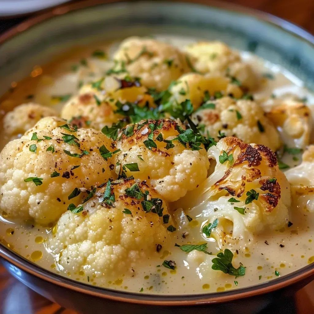 Tazón de sopa de coliflor con decoración de aceitunas y perejil.
