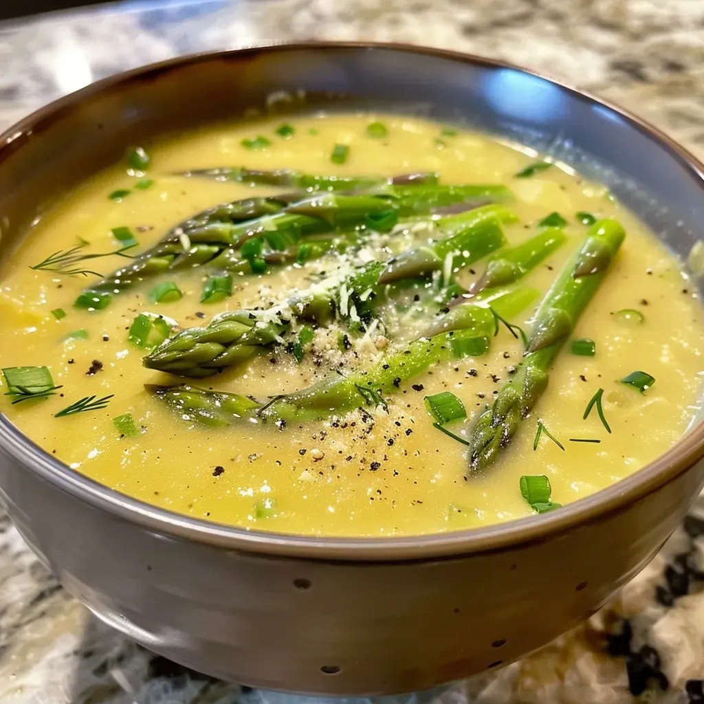 ['Sopa de espárragos servida en un tazón, con un fondo desenfocado.', 'Primer plano de un plato de sopa de espárragos, mostrando su textura cremosa.', 'Imagen de sopa de espárragos con ingredientes frescos al lado, como espárragos y limón.', 'Sopa de espárragos con queso parmesano rallado y hierbas frescas encima.']