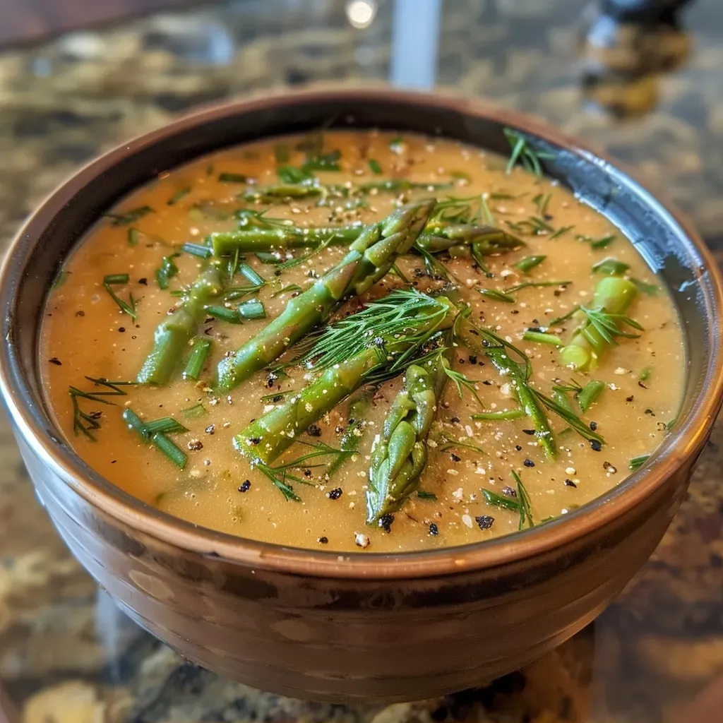 ['Sopa de espárragos servida en un tazón, con un fondo desenfocado.', 'Primer plano de un plato de sopa de espárragos, mostrando su textura cremosa.', 'Imagen de sopa de espárragos con ingredientes frescos al lado, como espárragos y limón.', 'Sopa de espárragos con queso parmesano rallado y hierbas frescas encima.']