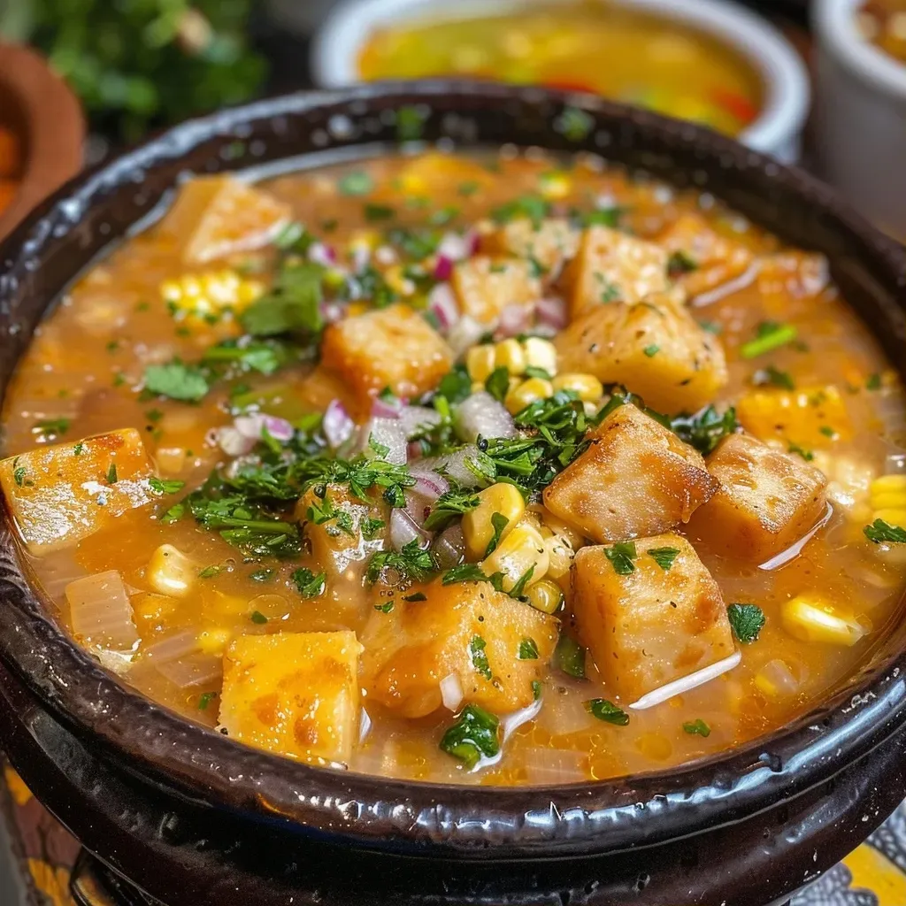 ['Sopa de maíz asado en un tazón, con trozos de queso fresco y pimentón.', 'Primer plano de una sopa amarilla con maíz asado y vegetales coloridos.', 'Tazón de sopa de maíz asado, decorado con ají dulce y pimentón.', 'Sopa caliente de maíz asado servida en un plato, con ingredientes frescos.']