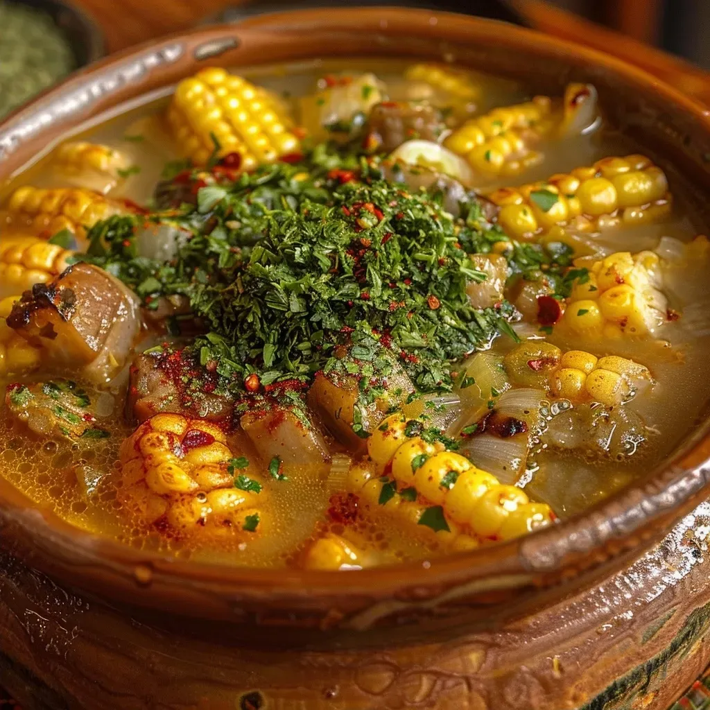 ['Sopa de maíz asado en un tazón, con trozos de queso fresco y pimentón.', 'Primer plano de una sopa amarilla con maíz asado y vegetales coloridos.', 'Tazón de sopa de maíz asado, decorado con ají dulce y pimentón.', 'Sopa caliente de maíz asado servida en un plato, con ingredientes frescos.']
