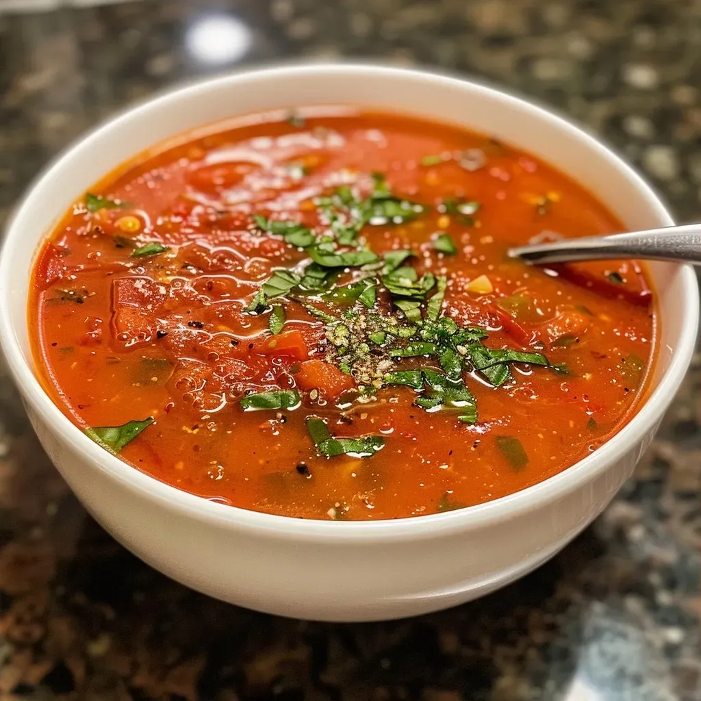 ['Sopa de tomate alta en proteínas servida en un tazón.', 'Primer plano de sopa de tomate con ingredientes frescos.', 'Tazón de sopa de tomate humeante con decoración de albahaca.', 'Sopa de tomate con un toque de queso parmesano en la superficie.']