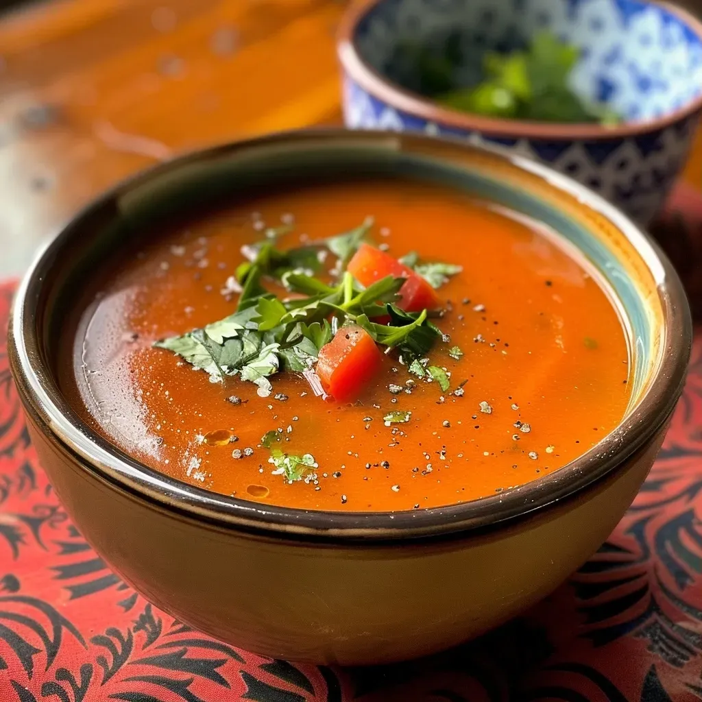 ['Primer plano de sopa de tomate con pimiento morón rojo en un bol.', 'Sopa de tomate y pimiento morón rojo servida con un color vibrante.', 'Imagen lateral de una rica sopa de tomate con pimiento asado.', 'Sopa caliente de tomate y pimiento morón rojo en un plato.']