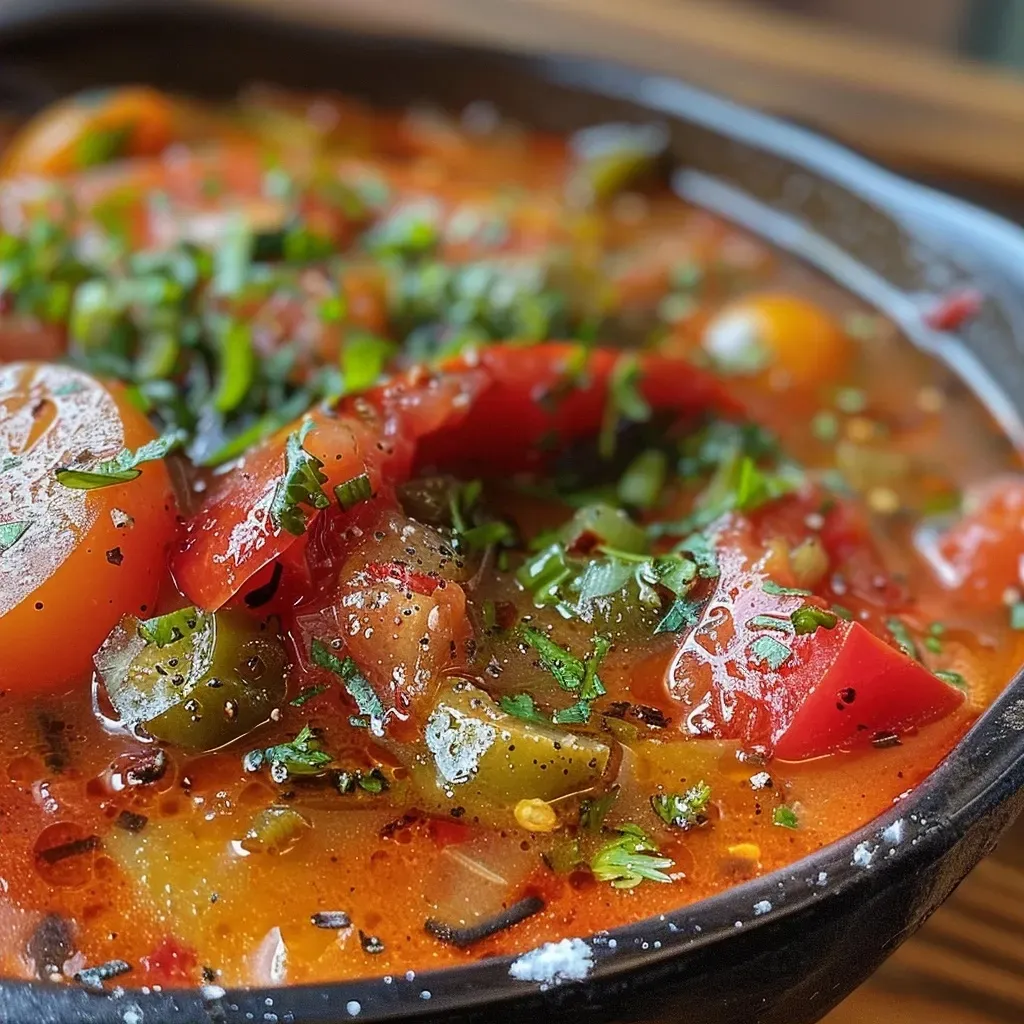 ['Primer plano de sopa de tomate con pimiento morón rojo en un bol.', 'Sopa de tomate y pimiento morón rojo servida con un color vibrante.', 'Imagen lateral de una rica sopa de tomate con pimiento asado.', 'Sopa caliente de tomate y pimiento morón rojo en un plato.']