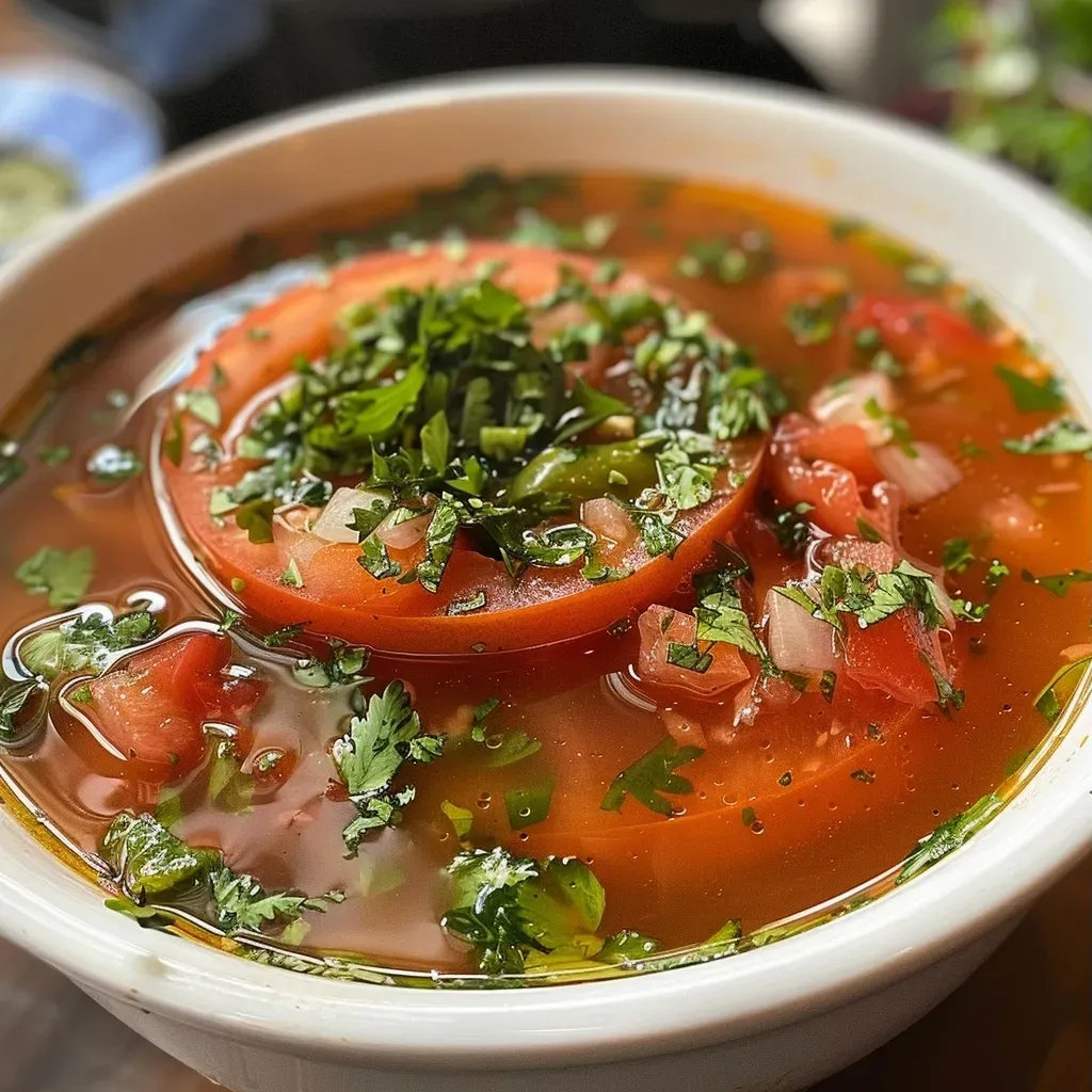 ['Primer plano de sopa de tomate y zanahoria asada en un tazón.', 'Sopa de tomate y zanahoria asada servida con hierbas frescas.', 'Tazón de sopa de tomate acompañado de trozos de zanahoria.', 'Sopa de tomate y zanahoria asada presentada en una mesa.']