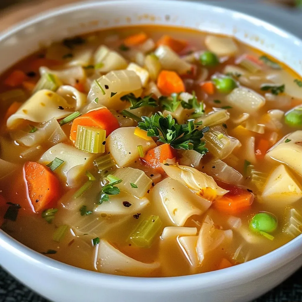 ['Sopa de verduras abundante en primer plano.', 'Imagen de sopa de verduras con variedad de ingredientes.', 'Tazón de sopa de verduras colorida y nutritiva.', 'Sopa de verduras en un tazón, vista lateral.']