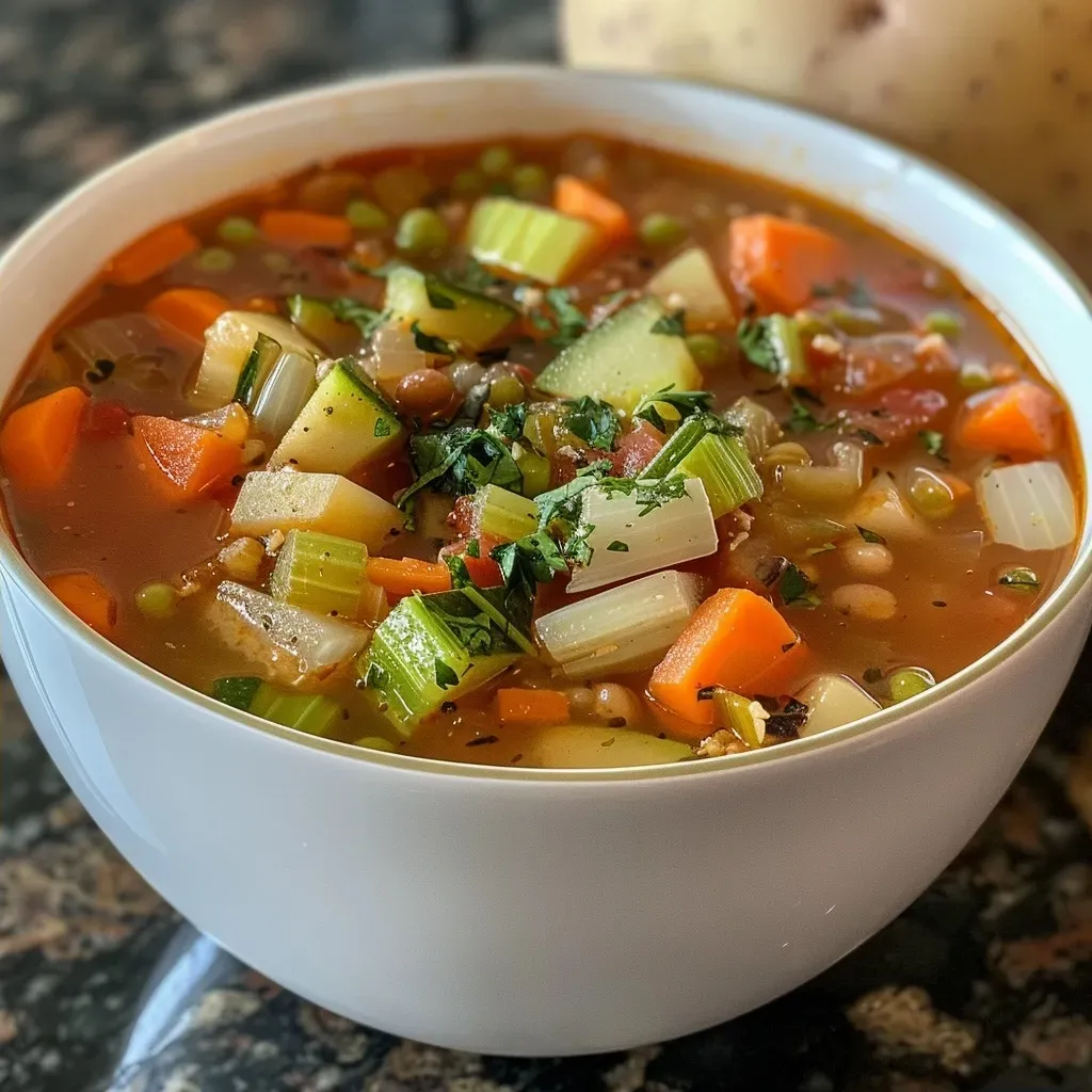 ['Sopa de verduras abundante en primer plano.', 'Imagen de sopa de verduras con variedad de ingredientes.', 'Tazón de sopa de verduras colorida y nutritiva.', 'Sopa de verduras en un tazón, vista lateral.']