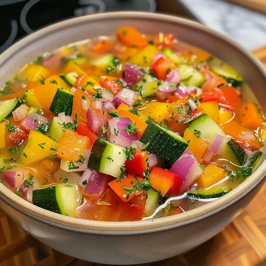 ['Sopa de verduras mediterránea en primer plano.', 'Primer plano de una sopa de verduras colorida y saludable.', 'Vista lateral de una deliciosa sopa mediterránea de verduras.', 'Sopa caliente de verduras frescas y coloridas en un tazón.']