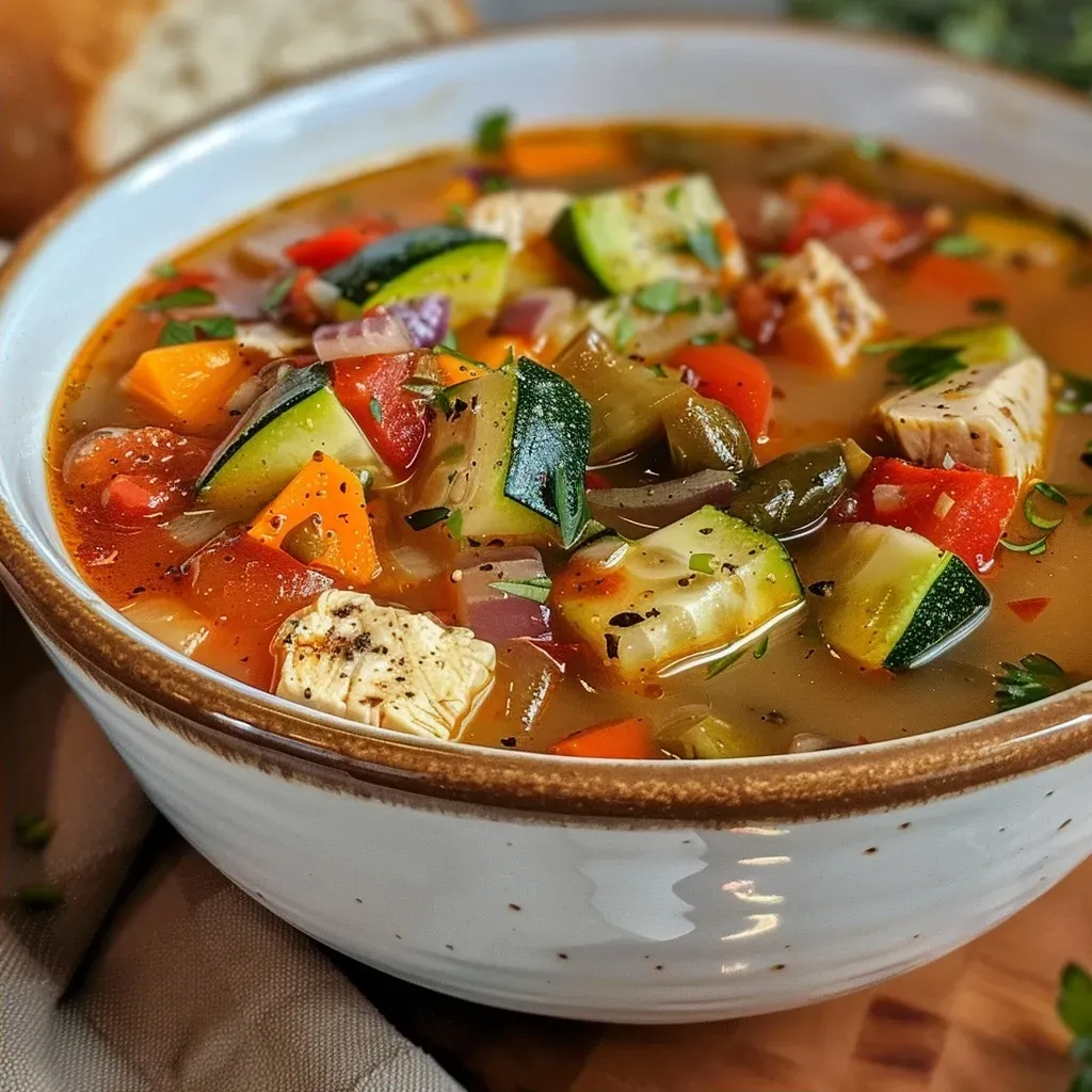 ['Sopa de verduras mediterránea en primer plano.', 'Primer plano de una sopa de verduras colorida y saludable.', 'Vista lateral de una deliciosa sopa mediterránea de verduras.', 'Sopa caliente de verduras frescas y coloridas en un tazón.']