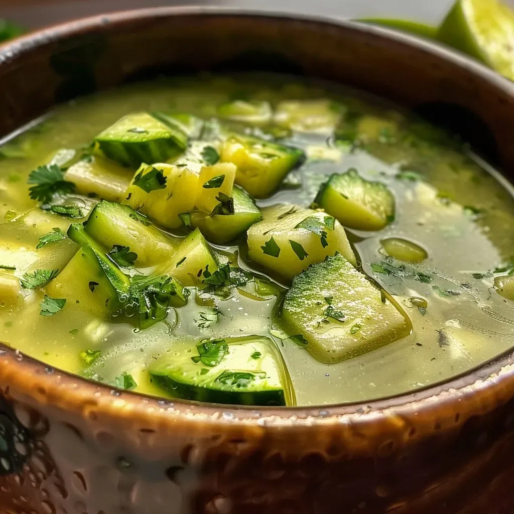 ['Sopa fría de aguacate y pepino en un tazón decorativo.', 'Primer plano de sopa de aguacate con pepino fresca y colorida.', 'Sopa fría de aguacate y pepino servida con un toque de aceite de oliva.', 'Tazón de sopa fría de aguacate y pepino con cilantro fresco.']