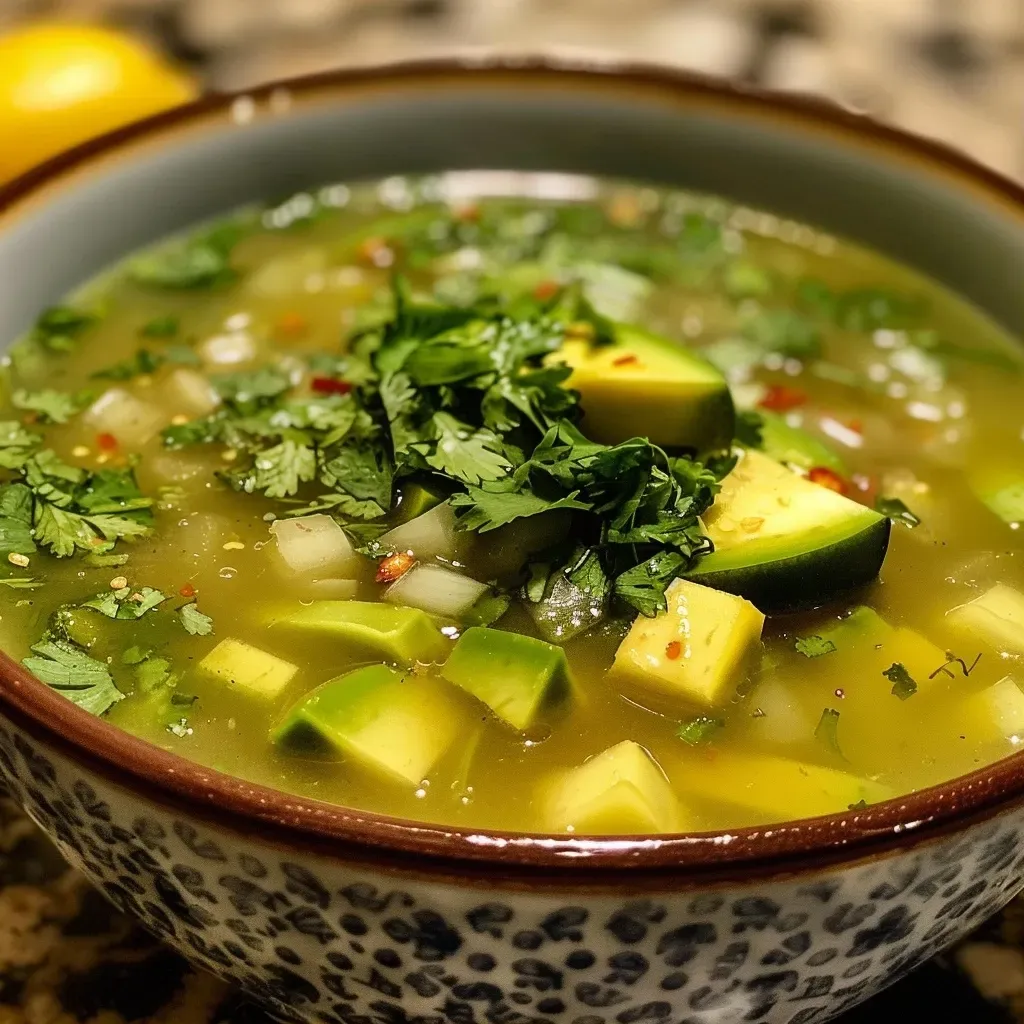 ['Sopa fría de aguacate y pepino en un cuenco con ingredientes frescos alrededor.', 'Primer plano de sopa fría de aguacate y pepino, decorada con guindillas y cilantro.', 'Vista lateral de un plato de sopa fría de aguacate y pepino, servido con rodajas de limón.', 'Sopa fría de aguacate y pepino presentada en un tazón, con un fondo de ingredientes frescos.']