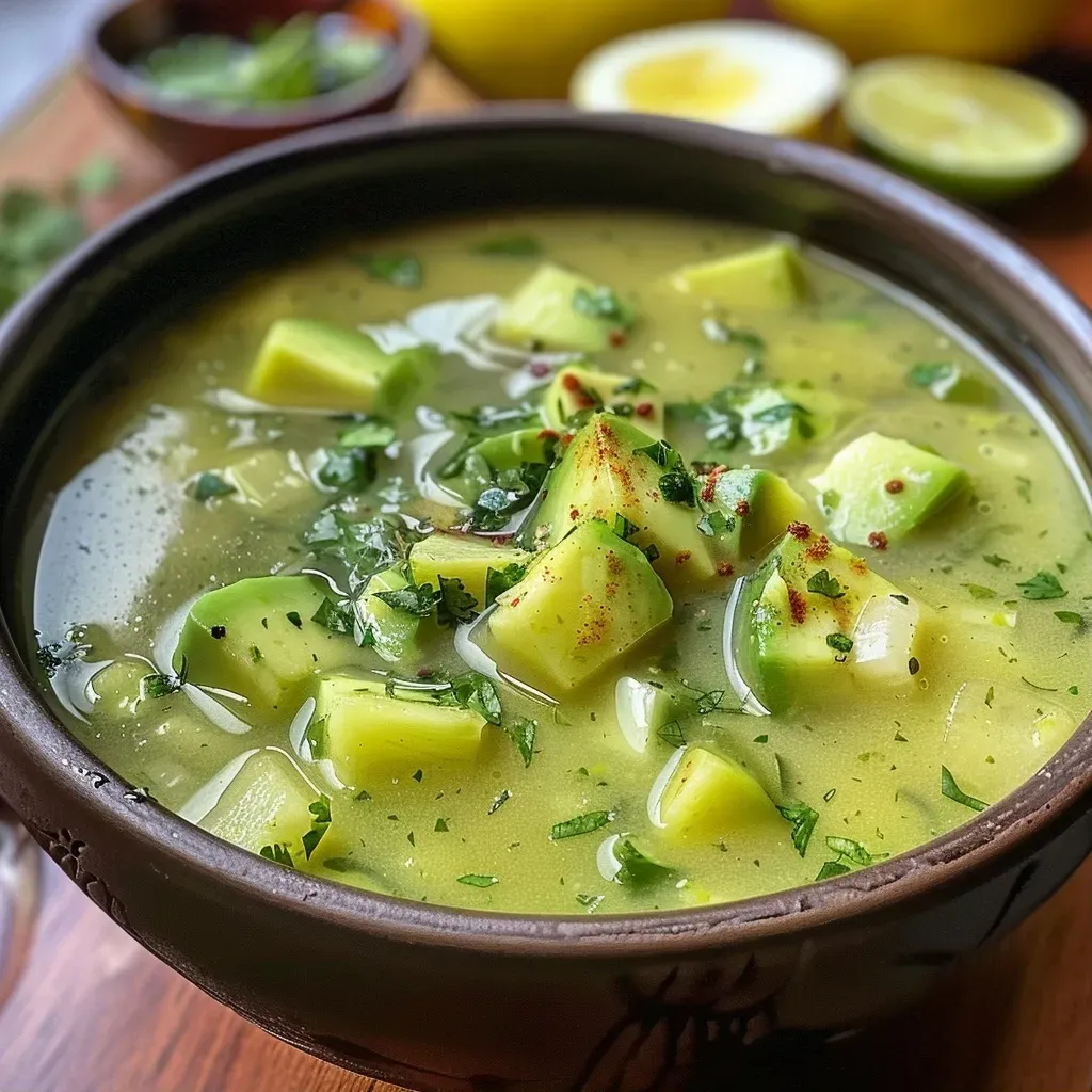 ['Sopa fría de aguacate y pepino presentada en un bol.', 'Primer plano de sopa fría de aguacate con pepino decorada.', 'Sopa verde cremosa de aguacate y pepino en un plato.', 'Detalle de sopa fría de aguacate y pepino con guarnición.']