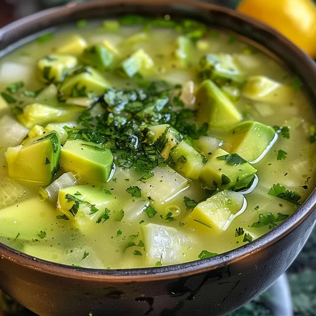 ['Sopa fría de aguacate y pepino en un cuenco con ingredientes frescos alrededor.', 'Primer plano de sopa fría de aguacate y pepino, decorada con guindillas y cilantro.', 'Vista lateral de un plato de sopa fría de aguacate y pepino, servido con rodajas de limón.', 'Sopa fría de aguacate y pepino presentada en un tazón, con un fondo de ingredientes frescos.']