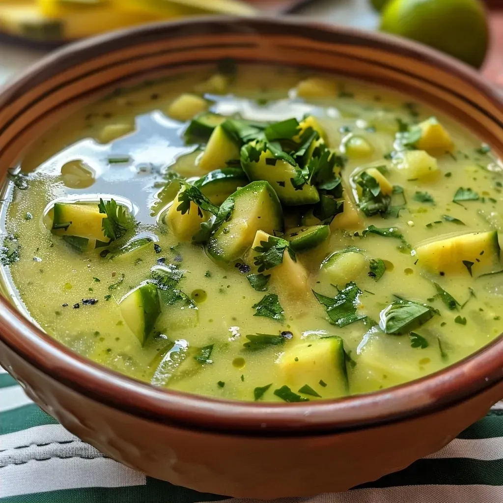 ['Sopa fría de aguacate y pepino presentada en un bol.', 'Primer plano de sopa fría de aguacate con pepino decorada.', 'Sopa verde cremosa de aguacate y pepino en un plato.', 'Detalle de sopa fría de aguacate y pepino con guarnición.']