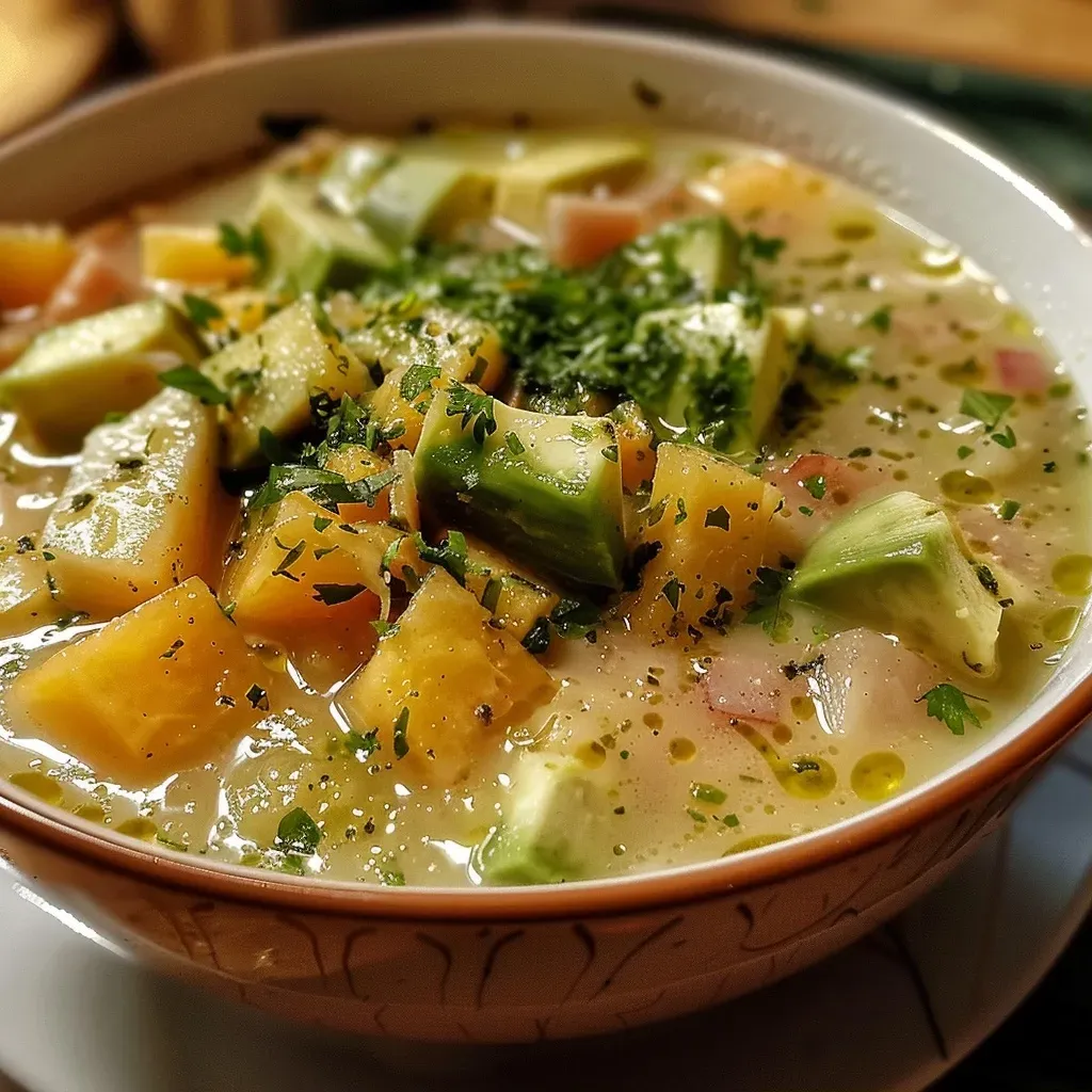 ['Sopa fría de melón y aguacate con jamón en un tazón.', 'Primer plano de sopa fría con ingredientes frescos y coloridos.', 'Sopa fría de melón y aguacate con trozos de jamón.', 'Vista lateral de una sopa fría de melón decorada con perejil.']