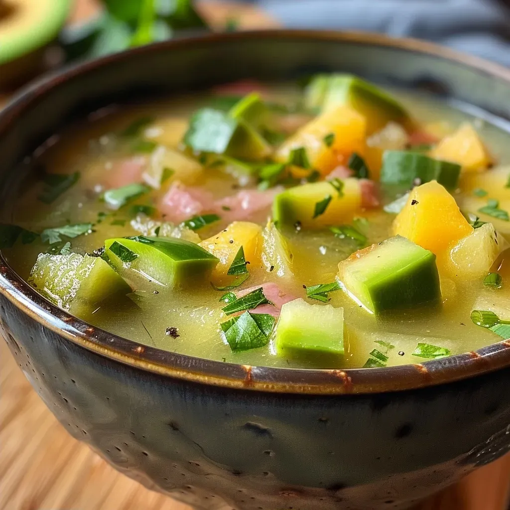 ['Sopa fría de melón y aguacate con jamón en un tazón.', 'Primer plano de sopa fría con ingredientes frescos y coloridos.', 'Sopa fría de melón y aguacate con trozos de jamón.', 'Vista lateral de una sopa fría de melón decorada con perejil.']
