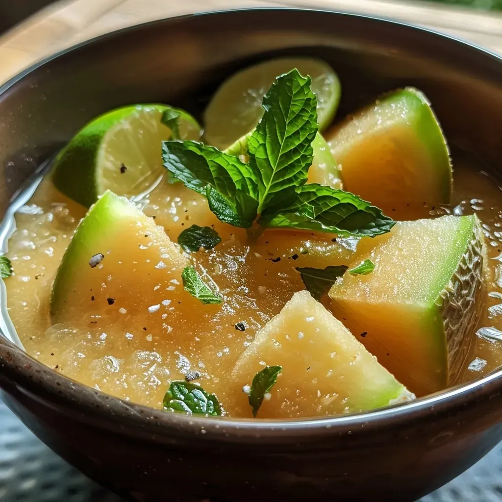 ['Sopa fría de melón en un cuenco, decorada con jamón y menta.', 'Primer plano de una sopa fría de melón con rodajas de jamón.', 'Sopa fría de melón presentada con hojas de menta fresca.', 'Cuenco de sopa fría de melón, ingredientes visibles y atractivos.']