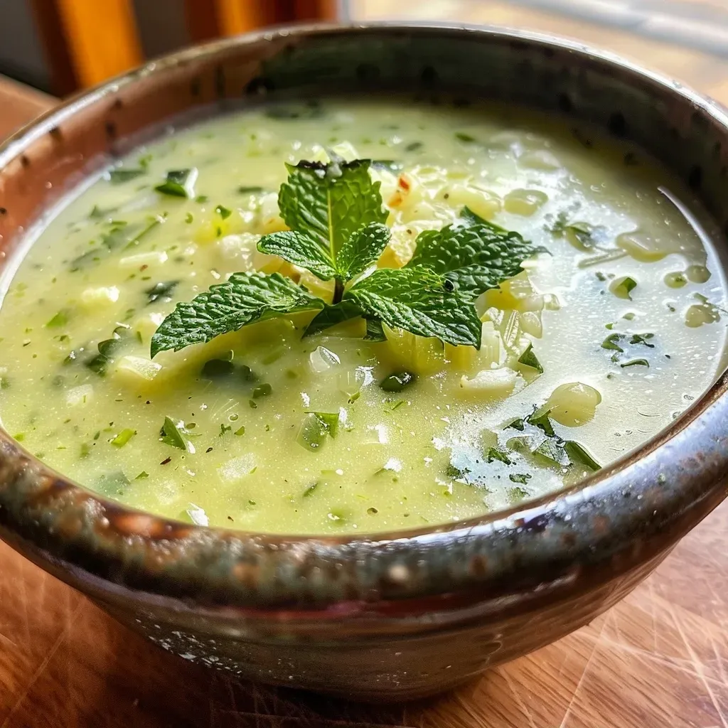 ['Sopa fría de pepino y menta en un tazón.', 'Primer plano de sopa fría de pepino con hojas de menta.', 'Tazón de sopa de pepino y menta, delicioso y refrescante.', 'Sopa fría de pepino decorada con menta fresca.']