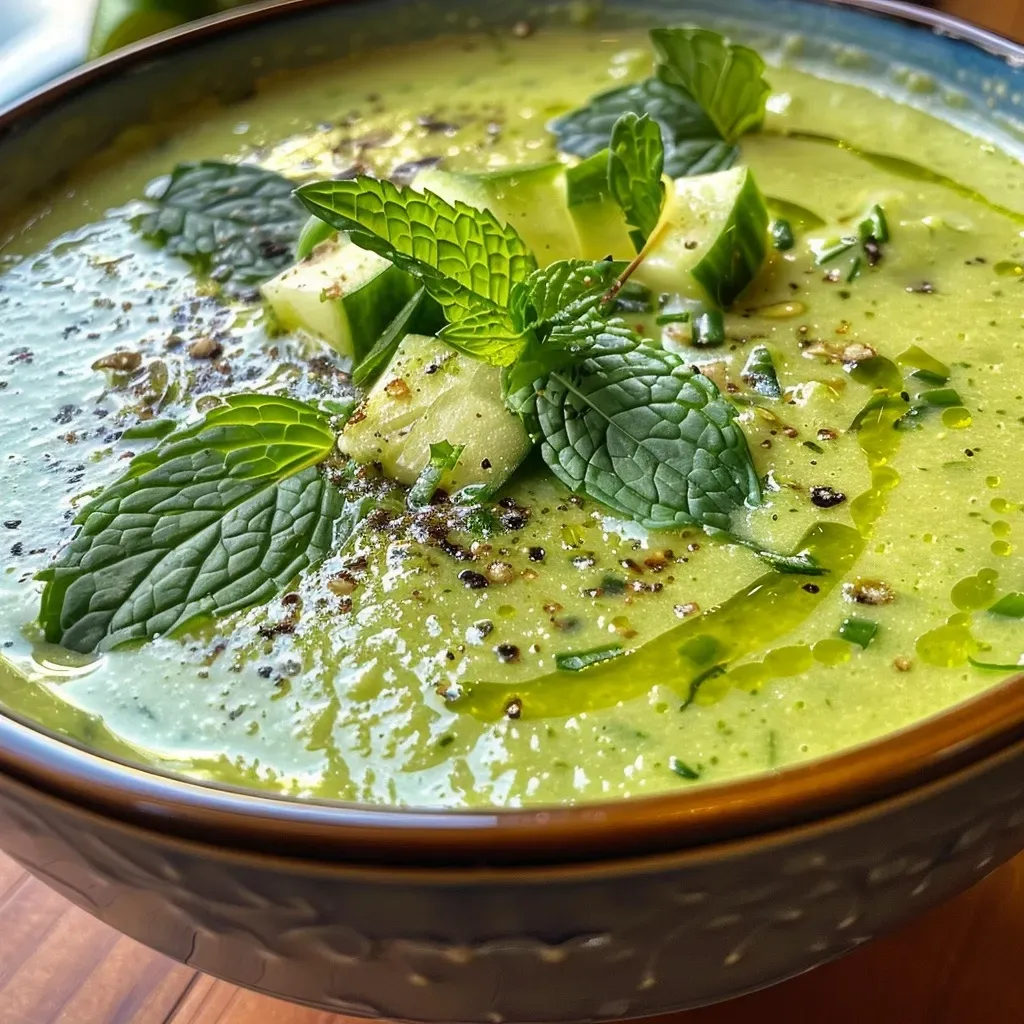 ['Sopa fría de pepino y menta en un tazón.', 'Primer plano de sopa fría de pepino con hojas de menta.', 'Tazón de sopa de pepino y menta, delicioso y refrescante.', 'Sopa fría de pepino decorada con menta fresca.']