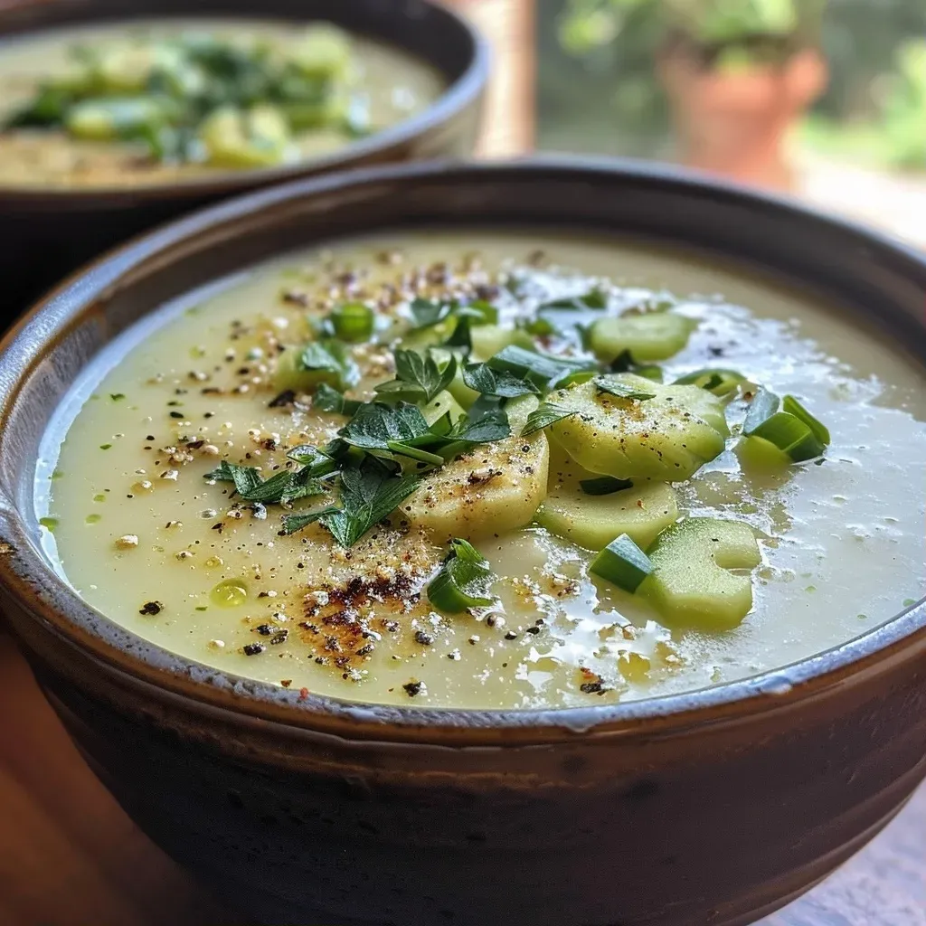 ['Sopa fría de pepino y yogurt en un tazón.', 'Primer plano de sopa fría de pepino con ingredientes frescos.', 'Tazón de sopa fría de pepino y yogurt adornado con cebollín.', 'Sopa fría de pepino y yogurt con un toque de hierbas frescas.']