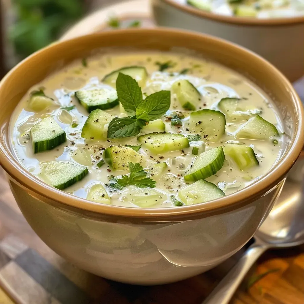 ['Sopa fría de pepino presentada en un tazón.', 'Close up de una sopa fría de pepino con ingredientes frescos.', 'Sopa fría de pepino servida en un plato decorativo.', 'Detalle de la sopa fría de pepino con hierbas frescas.']