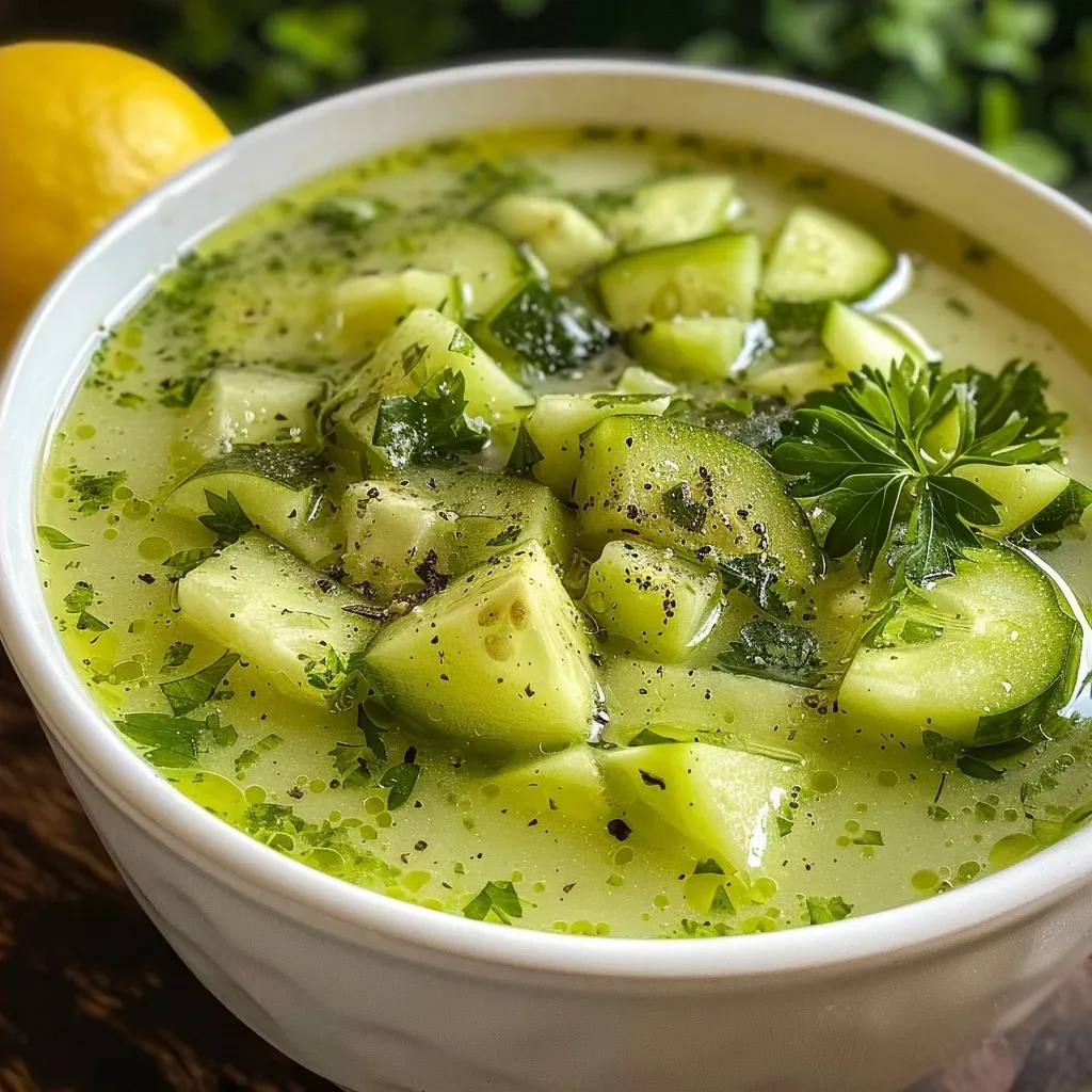 Sopa fría de pepino presentada en un tazón.
