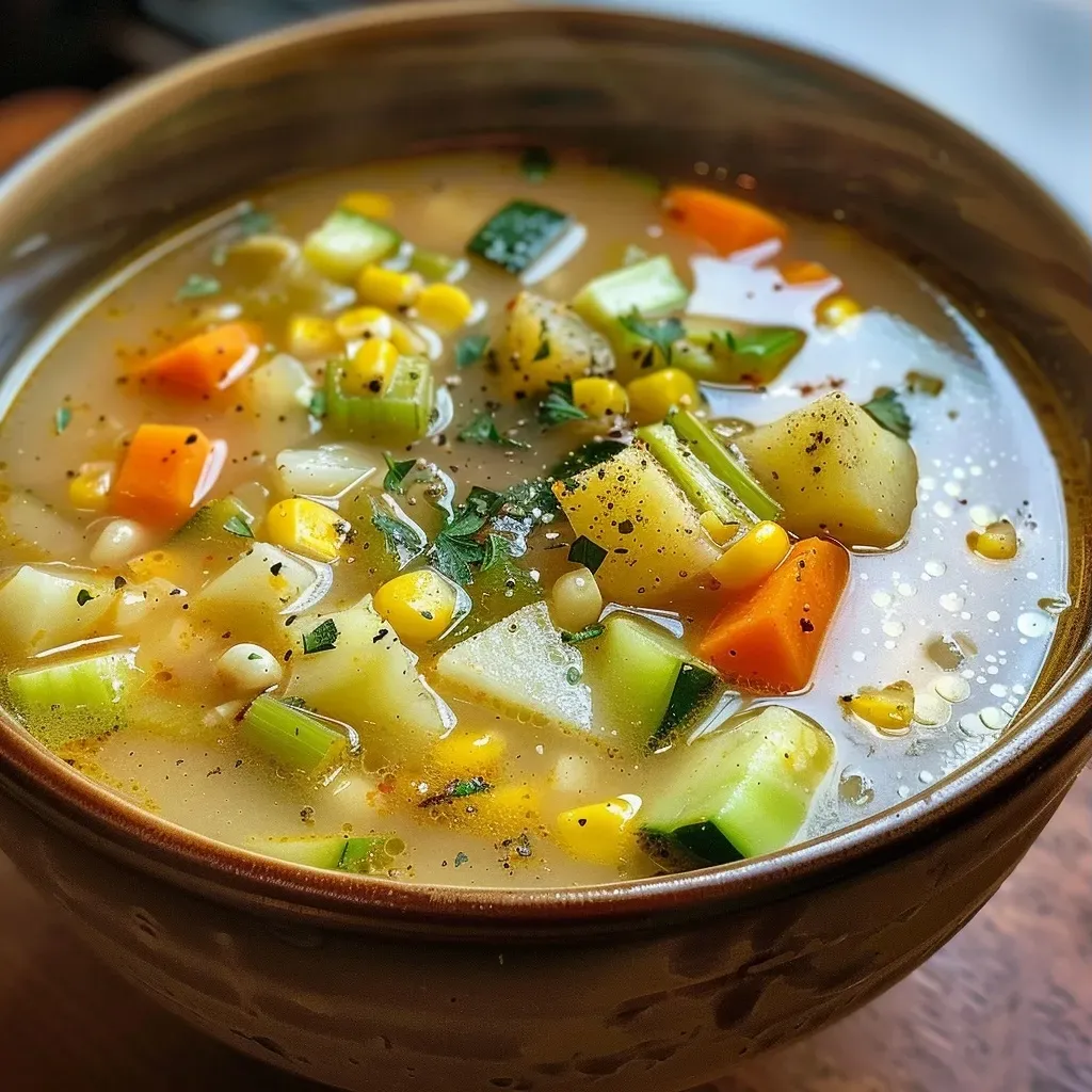 ['Sopa de maíz y calabacín en un plato blanco, con textura cremosa.', 'Primer plano de chowder de maíz y calabacín, mostrando ingredientes frescos.', 'Tazón de sopa reconfortante con maíz y calabacín, decorado con hierbas.', 'Sopa de calabacín y maíz, presentada en un plato hondo con color vibrante.']