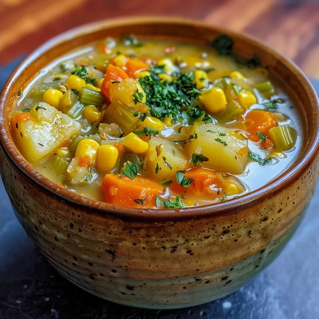 ['Sopa de maíz y calabacín en un plato blanco, con textura cremosa.', 'Primer plano de chowder de maíz y calabacín, mostrando ingredientes frescos.', 'Tazón de sopa reconfortante con maíz y calabacín, decorado con hierbas.', 'Sopa de calabacín y maíz, presentada en un plato hondo con color vibrante.']
