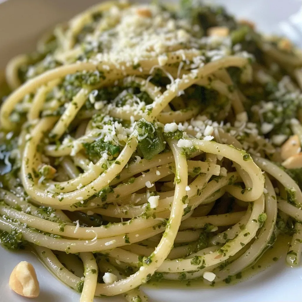 ['Spaghetti al pesto de albahaca y almendra en primer plano.', 'Tazón de spaghetti al pesto con almendras y albahaca fresca.', 'Placa de spaghetti al pesto con ingredientes frescos.', 'Delicioso spaghetti al pesto de albahaca y almendra.']