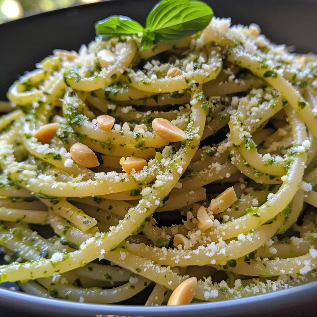 ['Spaghetti al pesto de albahaca y almendra en primer plano.', 'Tazón de spaghetti al pesto con almendras y albahaca fresca.', 'Placa de spaghetti al pesto con ingredientes frescos.', 'Delicioso spaghetti al pesto de albahaca y almendra.']