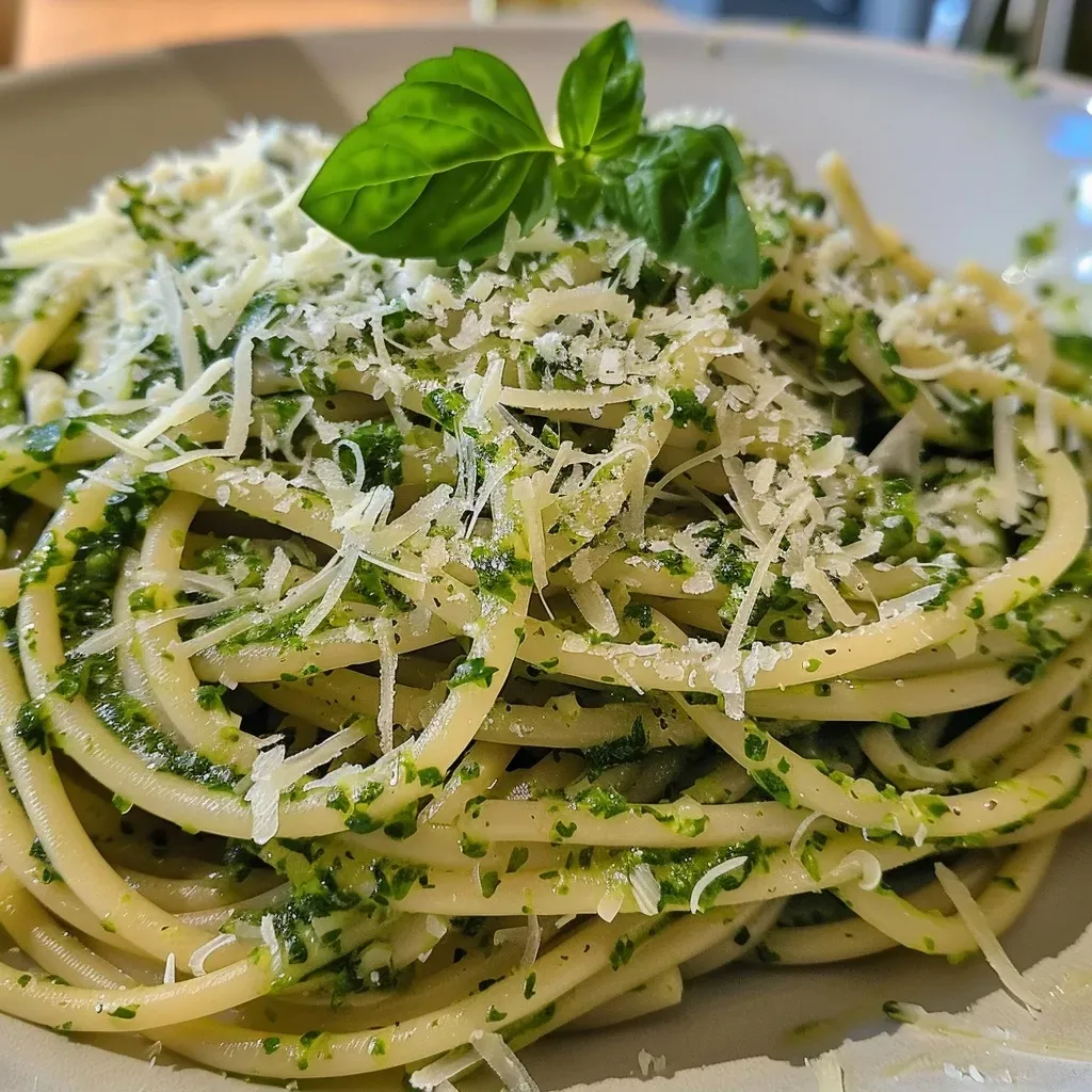 ['Platos de spaghetti con pesto de rúcula y ricotta.', 'Spaghetti con pesto y nueces sobre una mesa.', 'Primer plano de spaghetti con salsa de rúcula.', 'Espaguetis decorados con queso y nueces.']