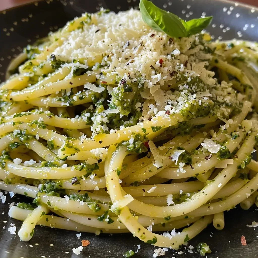 ['Platos de spaghetti con pesto de rúcula y ricotta.', 'Spaghetti con pesto y nueces sobre una mesa.', 'Primer plano de spaghetti con salsa de rúcula.', 'Espaguetis decorados con queso y nueces.']