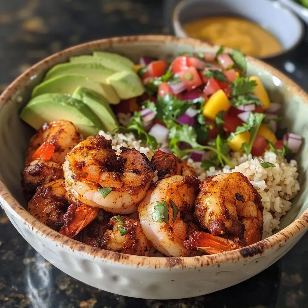 ['Tazón de camarones y aguacate con salsa de mango y lima.', 'Delicioso plato de camarones y aguacate acompañado de salsa.', 'Primer plano de tazón con camarones, aguacate y salsa.', 'Camarones y aguacate en un tazón colorido con salsa.']