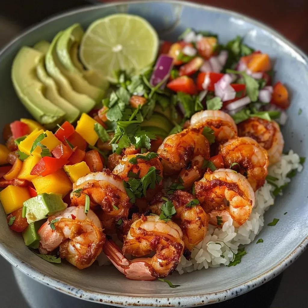 ['Tazón de camarones y aguacate con salsa de mango y lima.', 'Delicioso plato de camarones y aguacate acompañado de salsa.', 'Primer plano de tazón con camarones, aguacate y salsa.', 'Camarones y aguacate en un tazón colorido con salsa.']