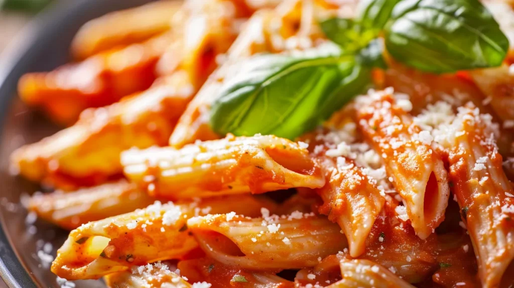 ['Pasta à la tomate y ricotta en un plato blanco.', 'Primer plano de pasta con salsa de tomate y ricotta.', 'Porción de pasta à la tomate decorada con albahaca.', 'Tazón de pasta à la tomate y ricotta, con queso rallado.']