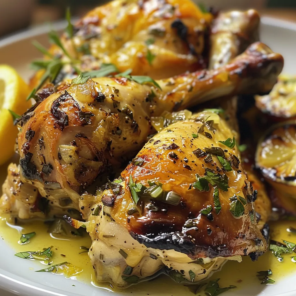 ['Pollo al limón y romero al horno, jugoso y dorado.', 'Vista lateral de un pollo entero al horno con limón y romero.', 'Pollo al limón y romero cocido, presentado con rodajas de limón.', 'Primer plano de pollo al horno con hierbas frescas y especias.']