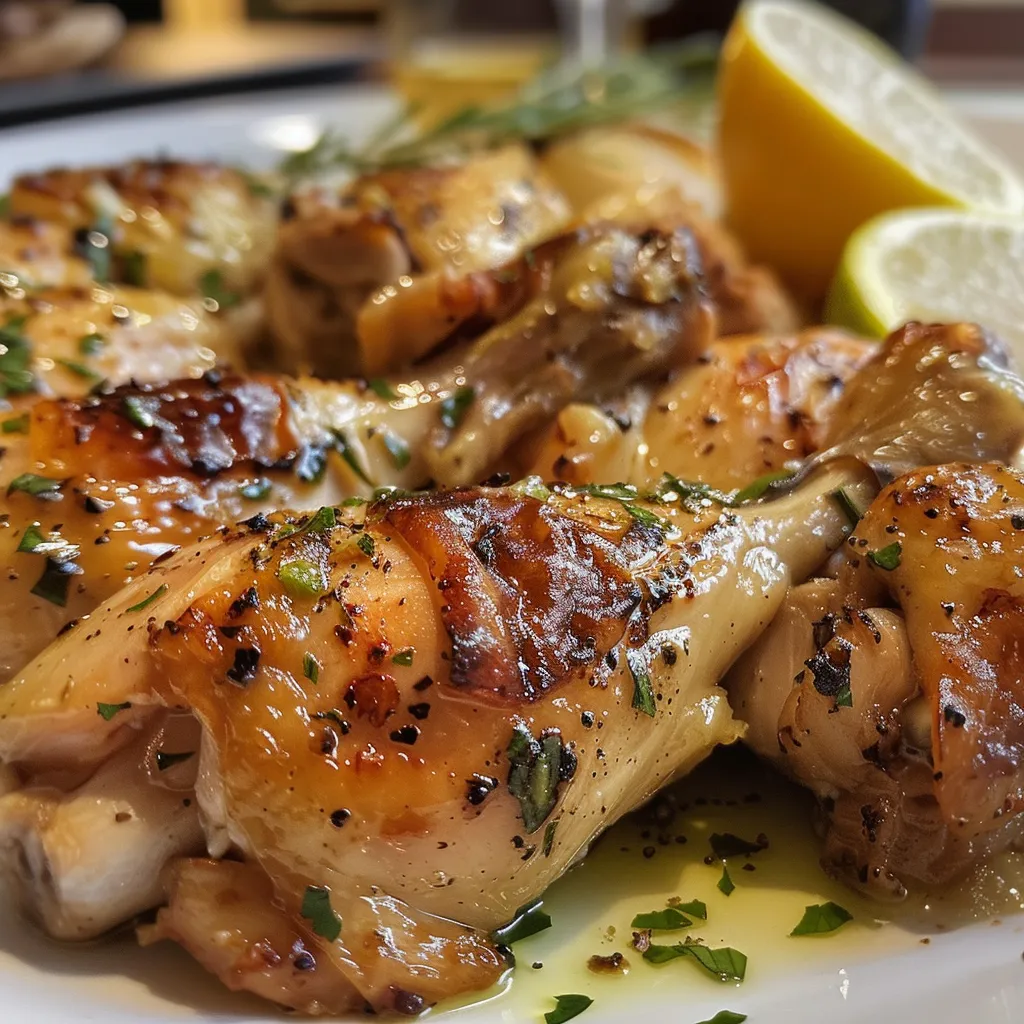 ['Pollo al limón y romero al horno, jugoso y dorado.', 'Vista lateral de un pollo entero al horno con limón y romero.', 'Pollo al limón y romero cocido, presentado con rodajas de limón.', 'Primer plano de pollo al horno con hierbas frescas y especias.']