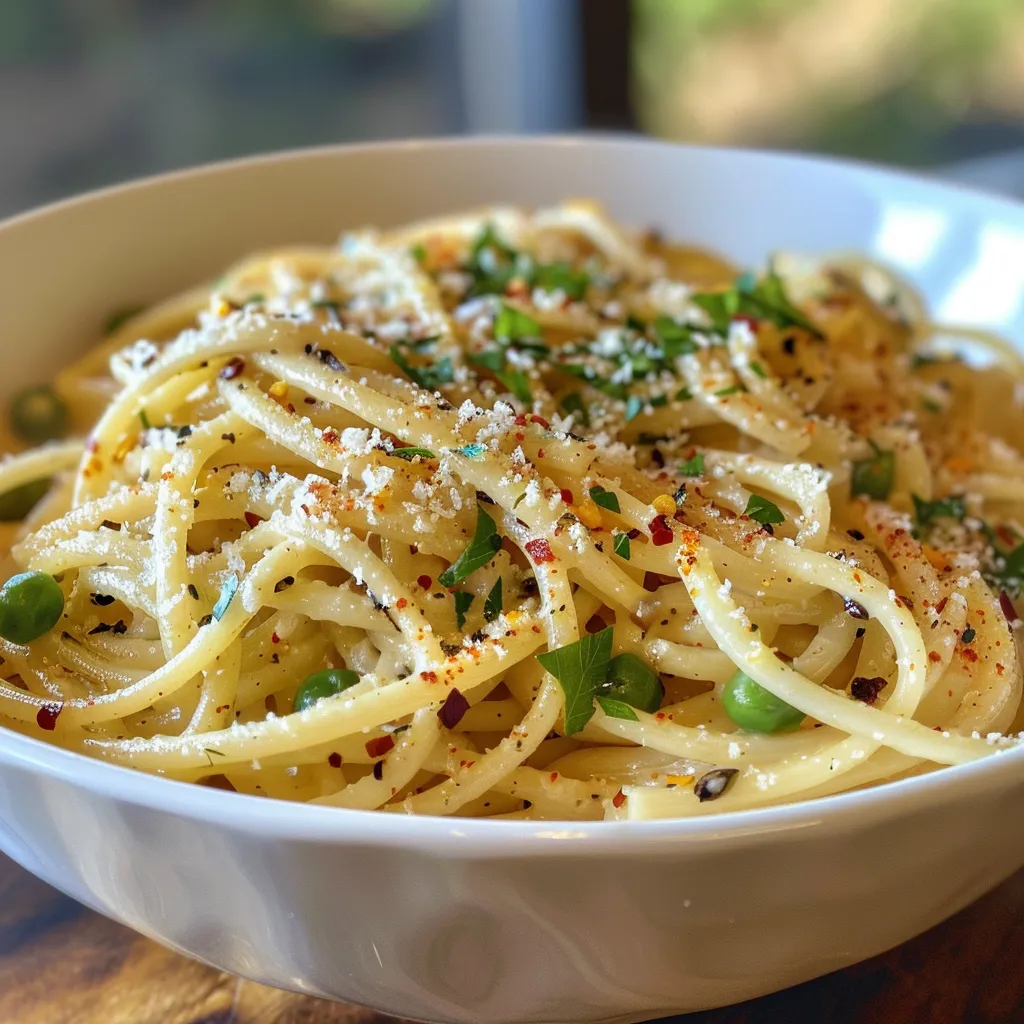 ['Placa de pasta de limón y ajo, con un primer plano de detalles jugosos.', 'Tazón de pasta con salsa de ajo y limón, presentado desde un lateral.', 'Imagen de pasta de limón y ajo con guisantes, mostrando su textura.', 'Porción de pasta vegana con ajo y limón, enfocando los ingredientes frescos.']