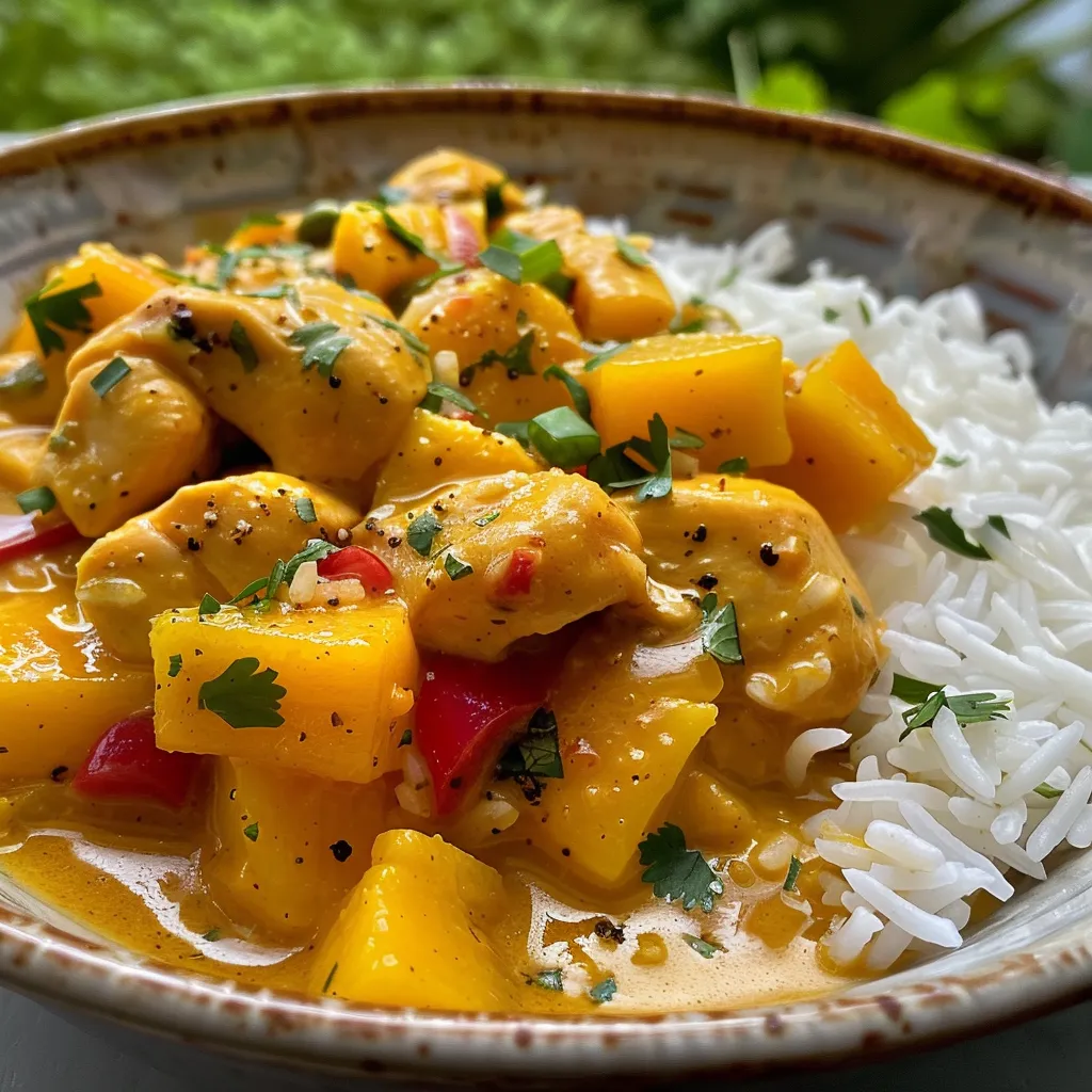 ['Curry de pollo con mango en un plato, mostrando su consistencia jugosa.', 'Primer plano de curry de pollo con mango, con ingredientes frescos al fondo.', 'Plato de curry de pollo con mango, resaltando su textura cremosa.', 'Close up de curry de pollo con mango, decorado con cilantro fresco.']