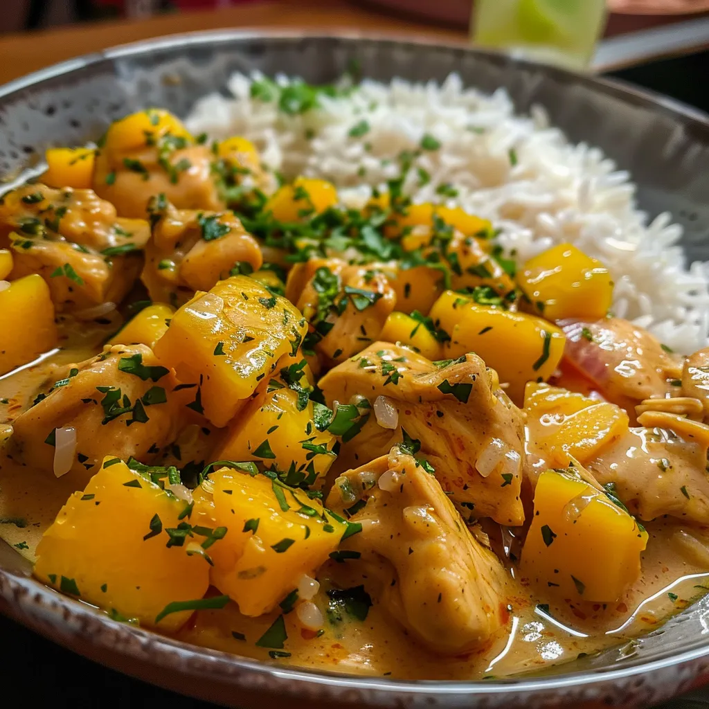 Curry de pollo con mango en un plato, mostrando su consistencia jugosa.