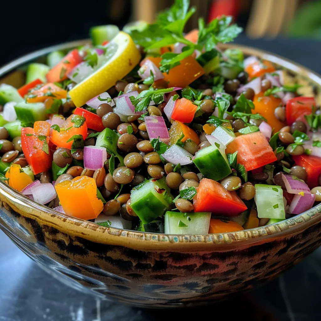 ['Ensalada de lentejas mediterránea fresca con vegetales coloridos.', 'Primer plano de una ensalada de lentejas con pepino y pimientos.', 'Detalle de ensalada de lentejas con ingredientes frescos y vibrantes.', 'Tazón de ensalada de lentejas con hierbas y verduras crujientes.']