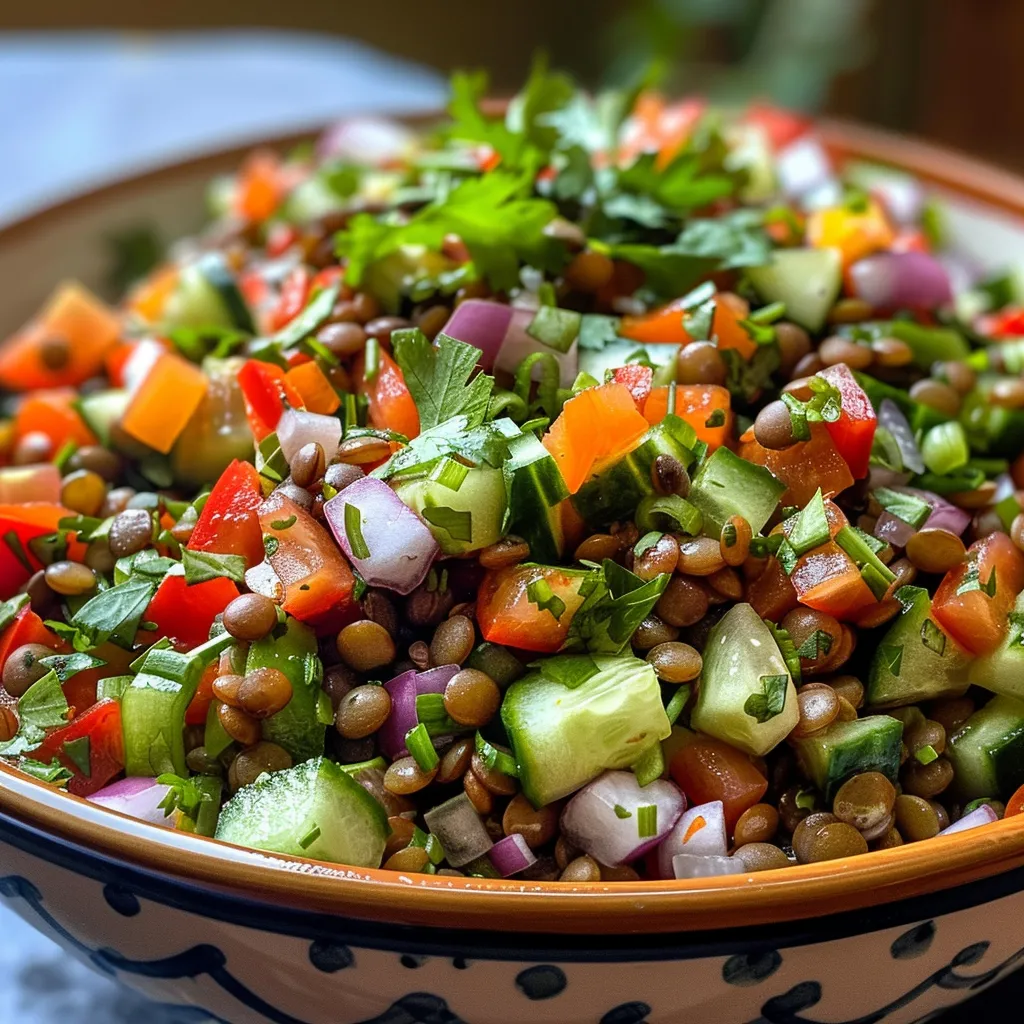 ['Ensalada de lentejas mediterránea fresca con vegetales coloridos.', 'Primer plano de una ensalada de lentejas con pepino y pimientos.', 'Detalle de ensalada de lentejas con ingredientes frescos y vibrantes.', 'Tazón de ensalada de lentejas con hierbas y verduras crujientes.']