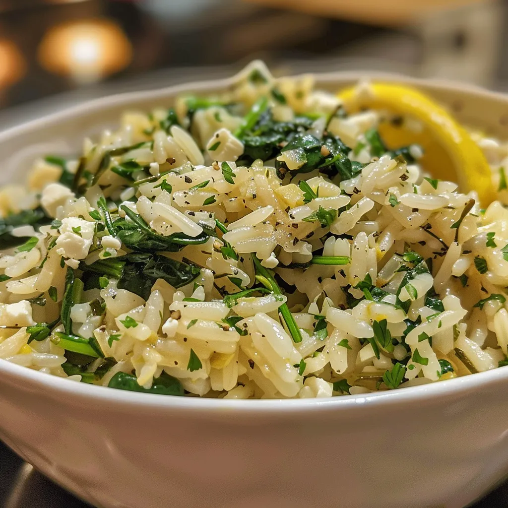['Plato de Spanakorizo con espinacas y arroz al lado.', 'Primer plano de una deliciosa porción de Spanakorizo.', 'Vista lateral de un bowl de Spanakorizo con ingredientes frescos.', 'Spanakorizo servido en un plato con feta y limón.']
