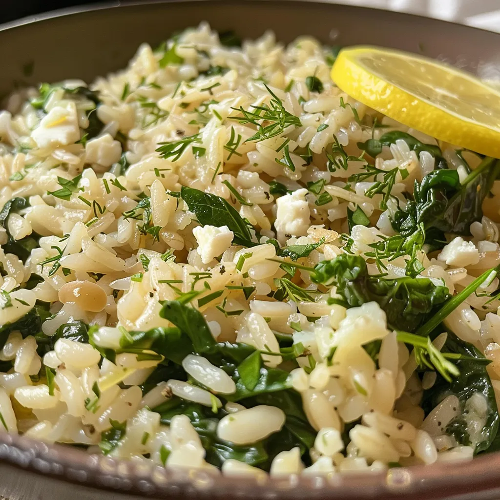 ['Plato de Spanakorizo con espinacas y arroz al lado.', 'Primer plano de una deliciosa porción de Spanakorizo.', 'Vista lateral de un bowl de Spanakorizo con ingredientes frescos.', 'Spanakorizo servido en un plato con feta y limón.']