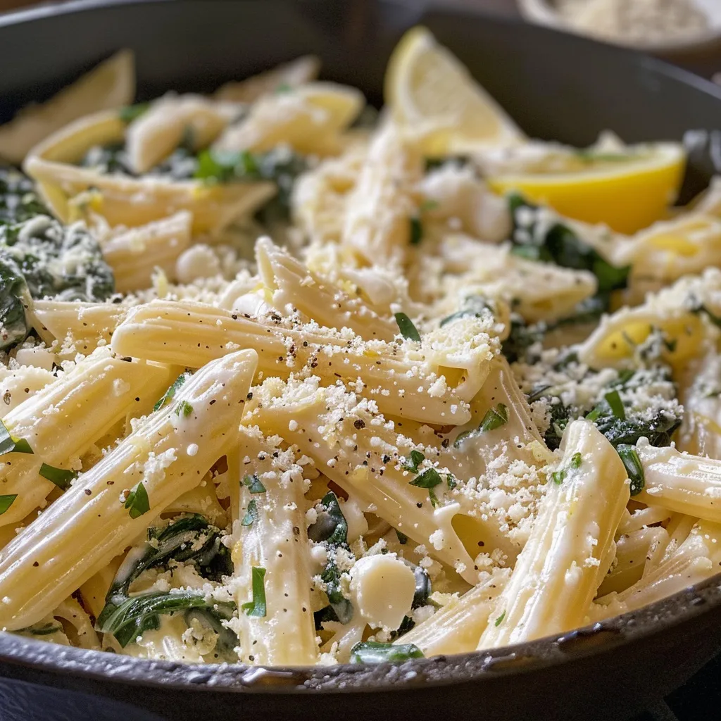 ['Pasta de limón con ricotta y espinacas en un plato.', 'Primer plano de pasta jugosa con espinacas y ricotta.', 'Tazón de pasta con limón, espinacas y queso parmesano.', 'Porción de pasta de limón y ricotta sobre una superficie clara.']