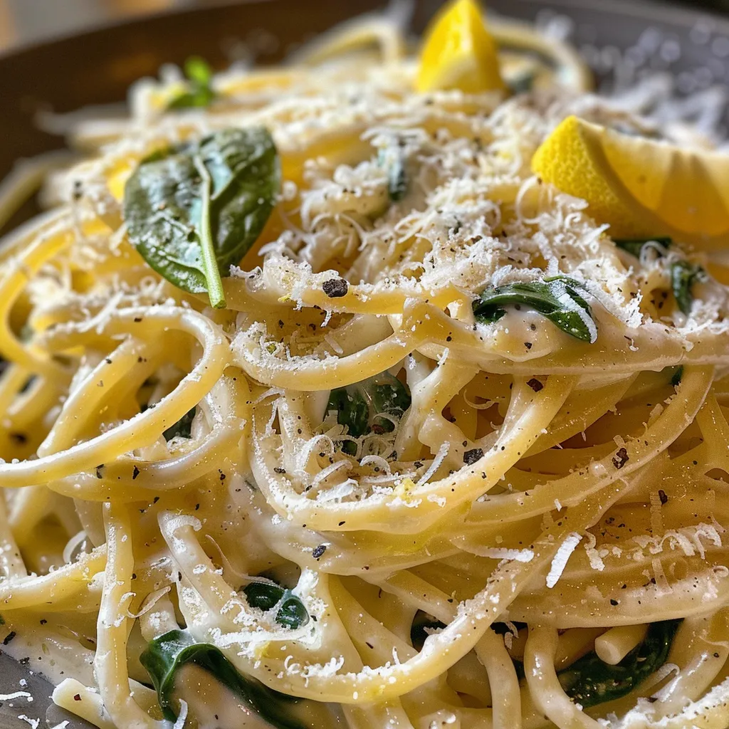 ['Pasta de limón con ricotta y espinacas en un plato.', 'Primer plano de pasta jugosa con espinacas y ricotta.', 'Tazón de pasta con limón, espinacas y queso parmesano.', 'Porción de pasta de limón y ricotta sobre una superficie clara.']