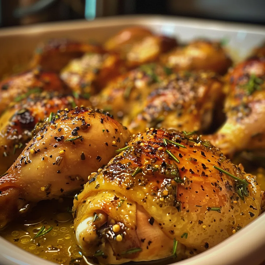 ['Pechugas de pollo glaseadas con mostaza y miel.', 'Pollo mostaza miel cocido a la perfección.', 'Placa de pollo mostaza miel con salsa dorada.', 'Primer plano de pechugas de pollo con aderezo de mostaza y miel.']