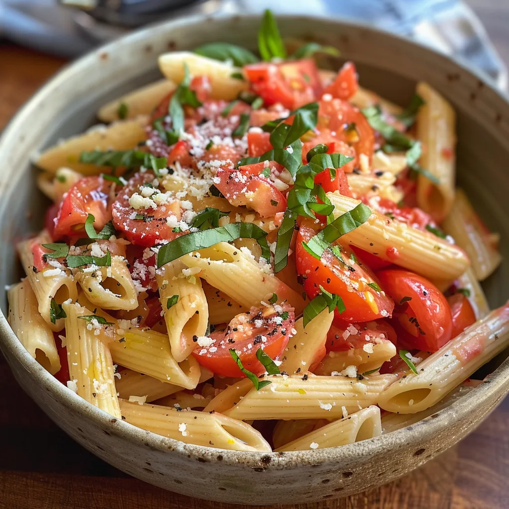 ['Ensalada de pasta con tomates, mozzarella y albahaca.', 'Close-up de una ensalada de pasta con ingredientes frescos.', 'Vista lateral de una ensalada de penne con tomates y queso.', 'Detalle de la ensalada de pasta con aderezo de limón y ajo.']